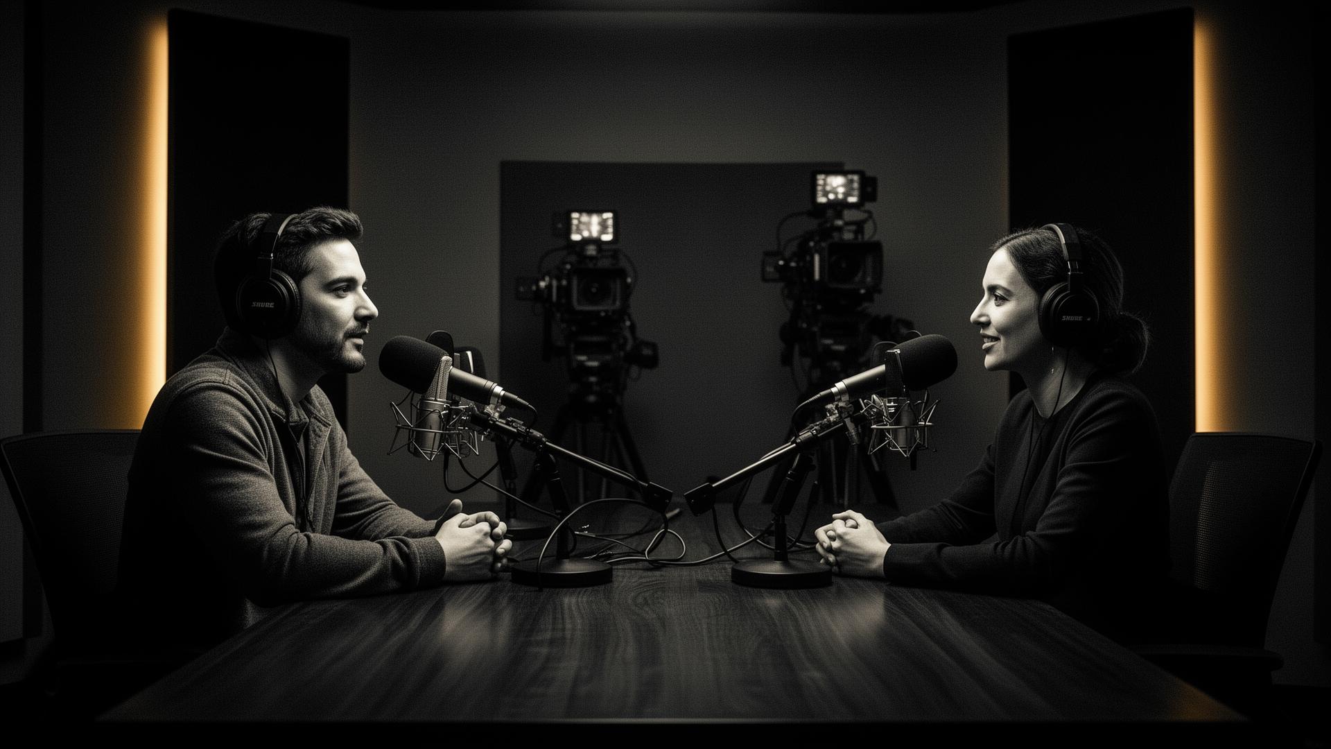 Cinematic podcast recording studio in Los Angeles with two hosts and multi-camera setup
